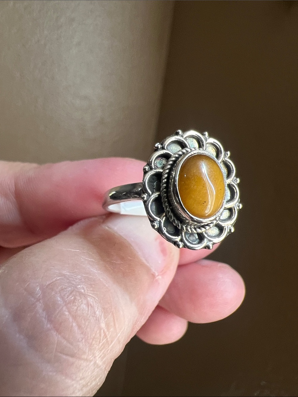 Sterling Silver Tiger's Eye Halo Ring - Brown Stone Size 7
